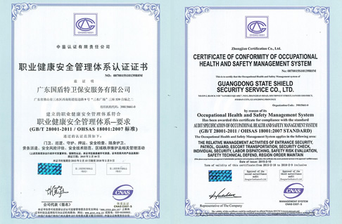 职业健康安全管理体系认证证书